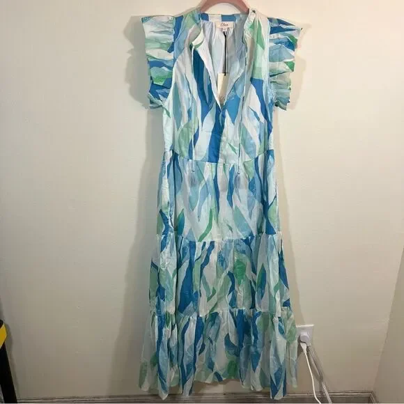 Elan Women’s Blue Green Ruffle Midi Dress Small NWT - Picture 2 of 13